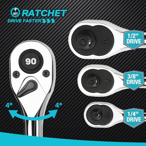 DURATECH 3-Piece Drive Ratchet, 1/4", 3/8", 1/2" 90-Tooth Quick-Release Ratchet Wrench, Reversible, Cr-V Made, Full Polished - with Plastic Insert Storage Box, Gifts for Men, Women, Dad - size: Combo Kit (Plastic Tray)
