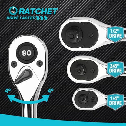 DURATECH 3-Piece Drive Ratchet, 90-Tooth Quick-Release Ratchet Wrench | 1/4", 3/8", 1/2" Socket Wrench for Men Women, Reversible, Cr-V Made, 4° Swing, Full Polished-with Plastic Insert Storage Box - size: Combo Kit (Plastic Tray)
