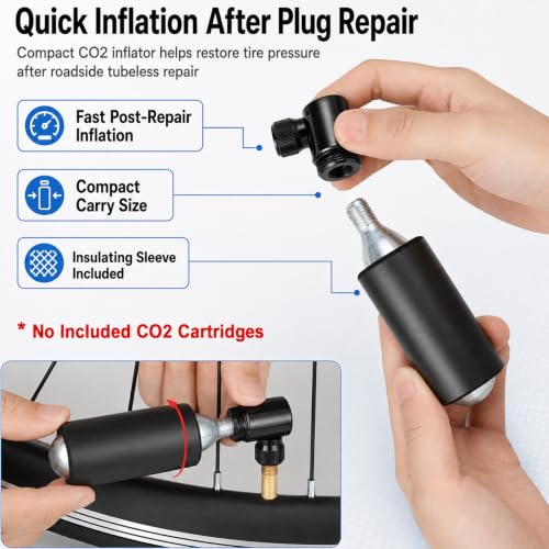 Tubeless Bike Tire Repair Kit with CO2 Inflator, Plug Tool, Strips & Storage Case