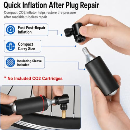 Tubeless Bike Tire Repair Kit with CO2 Inflator, Plug Tool, Strips & Storage Case