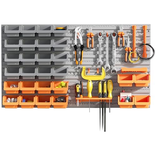DURHAND Wall Mounted Storage Bins, 44PC Pegboard Tool Organizer Rack Kit Garage Plastic Shop Tool, Orange