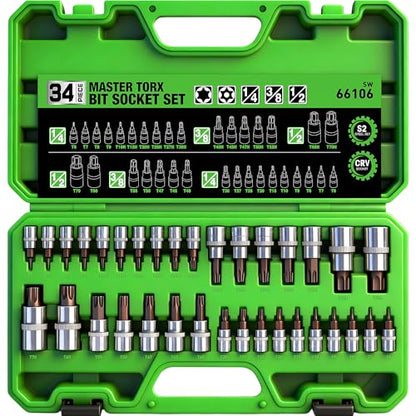 34-Piece Torx Bit Socket Set, Tamper Proof T6-T70, Solid Star Bits Set, Premium CR-V & S2 Alloy Steel Star Socket Sets, Torque Bit Sets with Storage Case - style: 34-Piece Torx Bit Socket