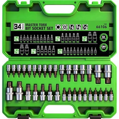 34-Piece Torx Bit Socket Set, Tamper Proof T6-T70, Solid Star Bits Set, Premium CR-V & S2 Alloy Steel Star Socket Sets, Torque Bit Sets with Storage Case - style: 34-Piece Torx Bit Socket