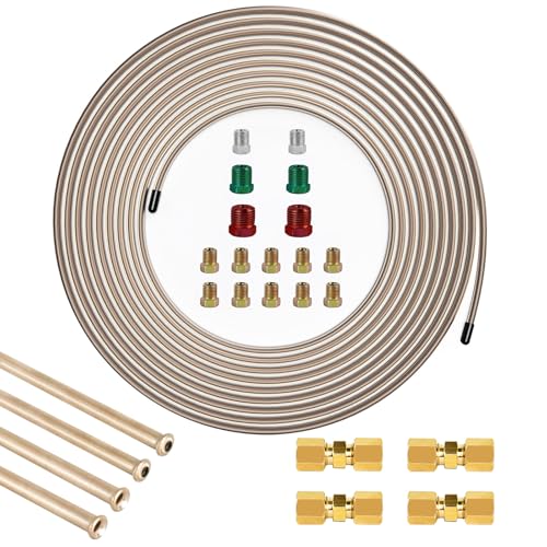 MuHize 3/16 Inch Copper Nickel Brake Line Kit (20 Feet, Upgraded) | Corrosion-resistant universal fit for Ford/Dodge trucks - 16 fittings + 4 brass unions - color: Copper Nickel, size: 3/16 Inch
