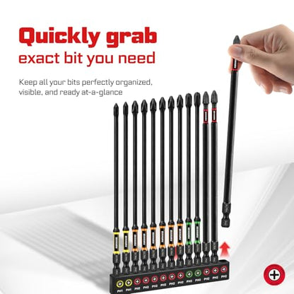 Geinxurn Double Impact #1#2#3 Phillips Screwdriver Bits Set, 13pcs 6” (PH1/PH2/PH3) Magnetic D2 Steel Long Extension Driver Bits Set with Color Coded Base - size: 13pcs-6“-PH