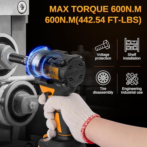 This Hill 45PCS Cordless Impact Wrench,600Nm(443Ft-lbs),1/2 Inch Brushless lmpact Driver Set,w/Two 4.0Ah Battery,17 Sockets,High Torque Power Impact Gun for Car Home