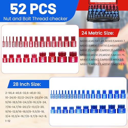 52PCS Thread Checker Kit – SAE & Metric Bolt Thread Checker, Nut & Bolt Size Finder Tool (28 SAE + 24 Metric) – Thread Gauge for Quickly Identifying Screw, Nut, and Bolt Sizes