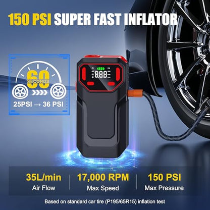 10-in-1 Jump Starter with Air Compressor,5000A Battery Jump Pack 150PSI | Jump Box((All Gas/12L Diesel) ),Spark-Proof & Reverse Polarity Protected, Portable Tire Inflator,LED Light
