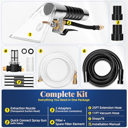 Better Extractor Hose Kit for Shop Vac, Universal Shop Vac Extractor Kit with 25FT Waterline, 11FT Vacuum Hose& Adapter, Converts Vacuum to Upholstery Extractor for Auto Detailing & Home Cleaning