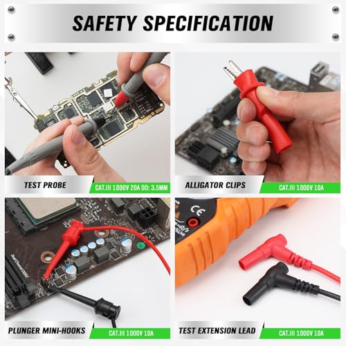 SWANLAKE 11-Piece Multimeter Test Leads Set, CAT III 1000V 20A Multimeter Probes with Alligator Clips, Needle Probe, Banana Plug to Hook Clip, Soft PVC Volt Meter Lead - color: 11PCS Red&Black