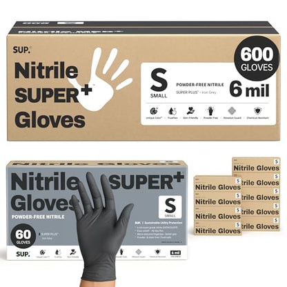 SUPER+ Black Nitrile Gloves HEAVY DUTY 6 Mil Disposable Chemical Resistant Powder & Latex Free Medical Food Safe, 60/600 Ct - color: Small (Black)