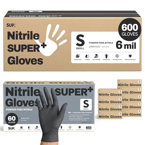 SUPER+ Black Nitrile Gloves HEAVY DUTY 6 Mil Disposable Chemical Resistant Powder & Latex Free Medical Food Safe, 60/600 Ct - color: Small (Black)