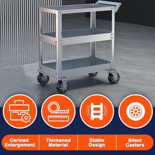 Stainless Steel Utility Cart on Wheels, 3-Tier Tool Cart with Wheels | 1100 lbs Commercial Rolling Service Cart for Garage Workshop Warehouse Mechanic Kitchen, 18.1" D x 30.7" W x 36.2" H