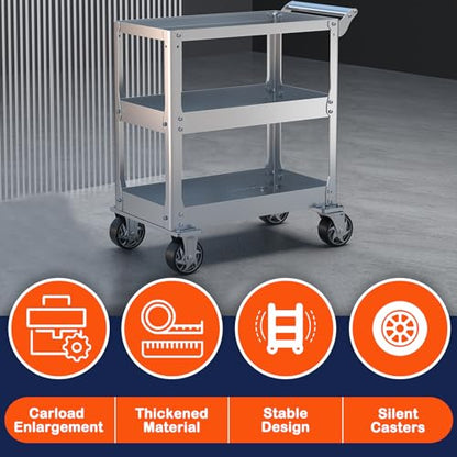 Stainless Steel Utility Cart on Wheels, 3-Tier Tool Cart with Wheels | 1100 lbs Commercial Rolling Service Cart for Garage Workshop Warehouse Mechanic Kitchen, 18.1" D x 30.7" W x 36.2" H