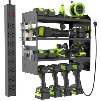 HUPBIPY Modular Power Tool Organizer Wall Mount Drill Holder Garage Shelf | 4 Layer Heavy Duty Rack with Charging Station Drill Holders and Magnetic Tool Holder Strip Tool Battery Holder Gift for Men - color: Black 1 pack