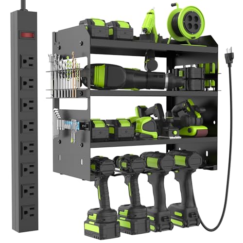 HUPBIPY Modular Power Tool Organizer Wall Mount Drill Holder Garage Shelf | 4 Layer Heavy Duty Rack with Charging Station Drill Holders and Magnetic Tool Holder Strip Tool Battery Holder Gift for Men - color: Black 1 pack