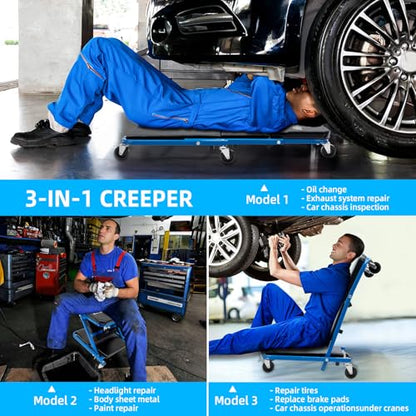 Mechanic Creeper 36 inches 3-in-1 Mode Z Seat 340lbs Capacity, Foldable Garage Adjustable Rolling Folding with 6pcs Wheels Roller, Lay Down Sit Lean Back, Under Car Auto Repair, Blue, Man Gift - color: Blue