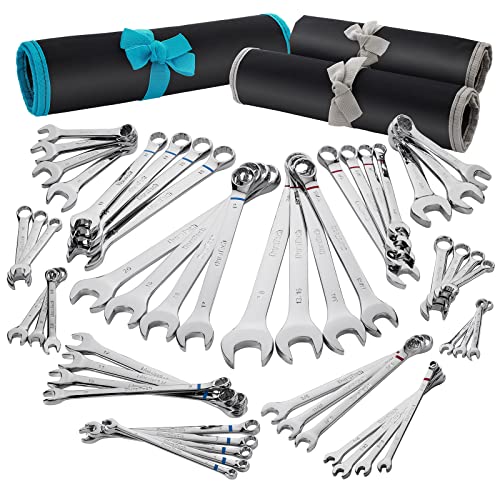 DURATECH 52-Piece Combination Wrench Set, Regular & Stubby, SAE & Metric | 32 PCS Combo Wrenches(5/32"-7/8"&4mm-20mm) & 20 PCS Stubby Wrenches(3/16"-13/16"&5.5mm-14mm), CR-V Steel, with Rolling Pouch - size: Metric&SAE(52 PCS)