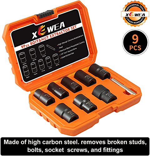 XEWEA 9PCS Lug Nut Extractor Set, 1/2" Drive Impact Bolt Nut Remover Socket Tool, Wheel Lock Removal Kit, Easy Out Extractor Set for Damaged, Frozen, Rusted, Rounded-Off Bolts Nuts - color: 9pcs 1/2" Drive