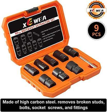 XEWEA 9PCS Lug Nut Extractor Set, 1/2" Drive Impact Bolt Nut Remover Socket Tool, Wheel Lock Removal Kit, Easy Out Extractor Set for Damaged, Frozen, Rusted, Rounded-Off Bolts Nuts - color: 9pcs 1/2" Drive