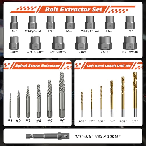 26-Piece Impact Bolt Spiral Screw Extractor Set with Left Hand Reverse Drill Bit Kit & Hex Adapter, Easy Out Kit for Removing Damaged, Stripped, Broken Bolts, Screws, Nuts - size: 26PCS