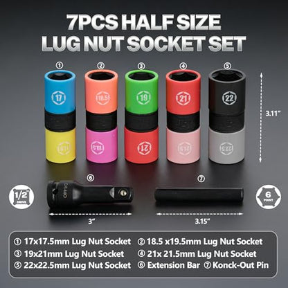 7 PCS 1/2 Inch Drive Lug Nut Socket Set, 1/2" Thin Wall Impact Flip Sockets | 17/17.5, 18.5/19.5, 19/21, 21/21.5, 22/22.5mm for Wheel lug Nuts with Non-Marring Sleeves, Knockout Bar & Extension, CR-MO - color: 7pcs