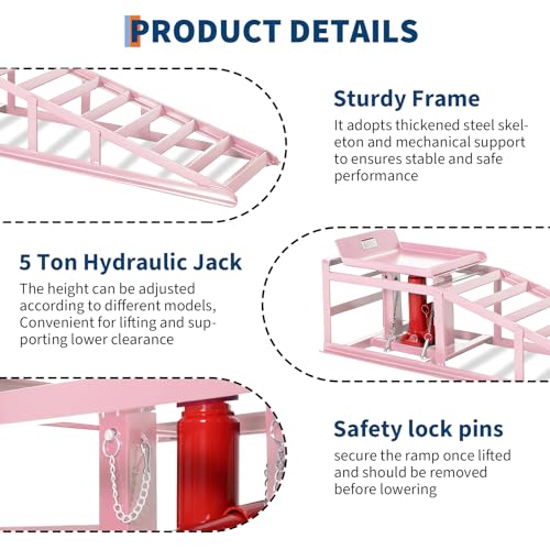 Jojoka Hydraulic Car Ramps, Heavy Duty Steel, 11000 LBS, Adjustable Low Profile Lift, 9.4-13.34 in Height, Garage Service Ramps for Oil Changes, Trucks & Cars, 2PCS - color: Pink