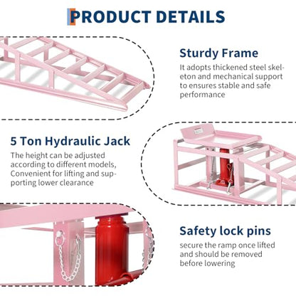 Jojoka Hydraulic Car Ramps, Heavy Duty Steel, 11000 LBS, Adjustable Low Profile Lift, 9.4-13.34 in Height, Garage Service Ramps for Oil Changes, Trucks & Cars, 2PCS - color: Pink