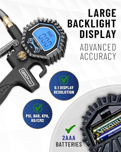 Presta Valve Adaptor with Pressure Gauge and Inflator for Air Compressor | 3-200 PSI, ±1% Accuracy, Longer Hose, Digital, Schrader to Presta Valve Air Chuck