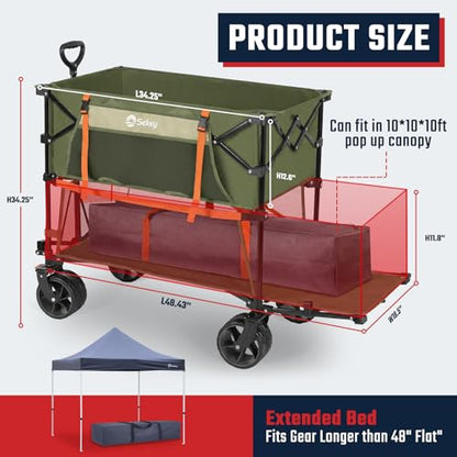 Sekey 500LBS Heavy Duty Double Decker Wagon with Extender, 400L Large Capacity Collapsible Garden Cart Fits 10x10 Canopy, All-Terrain Big Wheels with Brakes, Foldable Utility Wagon for Sports, Camping - color: Army Green