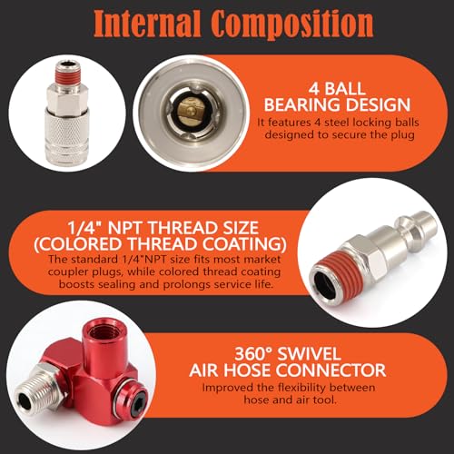 Air Coupler and Plug Kit 1/4" NPT 48-Piece,with Pre-applied Sealant,Industrial Quick Connect Fittings Set for Air Compressor Accessories - color: 48Pcs-Nickel