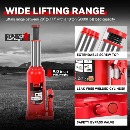 Auto Dynasty 10 Ton Hydraulic Bottle Jack, Automotive Welded Bottle Jack for Car, Pickup Truck, RV, Auto Repair, 9" to 18" Lifting Range (Red) - color: Red, size: 10 Ton