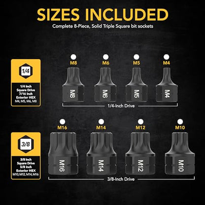 LEXIVON Triple Square Bit Socket Set - 8-Piece (M4-M16), Dual Drive, Super Short 12-Point XZN, Premium S2 Steel, Aluminum Storage Rail (LX-145S) - size: Short XZN