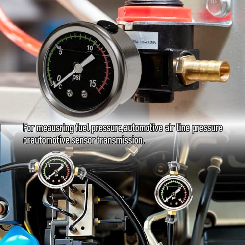 Fuel Pressure Gauge Kit, 0-15psi Glycerin Filled Fuel Pressure Gauge Kit, 1-1/2" Dial Size Fuel Pressure Gauge for Car, 1/8'' NPT Inline Fuel Pressure Gauge with 3/8'' 5/16'' Barb, Back Mount
