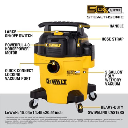 DEWALT STEALTHSONIC 5 Gallon Ultra Quiet Wet Dry Shop Vac DXV05P-QT | 4 Peak HP Powerful Suction, Quiet Operation, Long-Lasting Performance, Complete Accessory Kit for Garage, Workshop, Jobsite - size: 5 Gallon