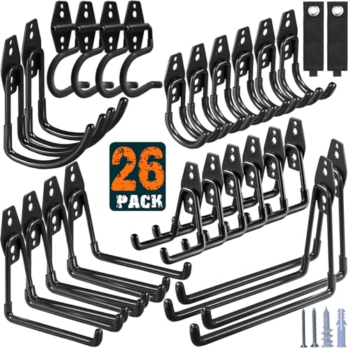 HUPBIPY 26 Pack Garage Hooks Heavy Duty Utility Steel with Anti-Slip Coating Wall Mount Storage Organizer for Hanging Power and Garden Tools, Ladders, Hose, Bikes, Ropes, Bulk Items, and More | Storage Organizer With a non-slip coating for Hanging Bicycle