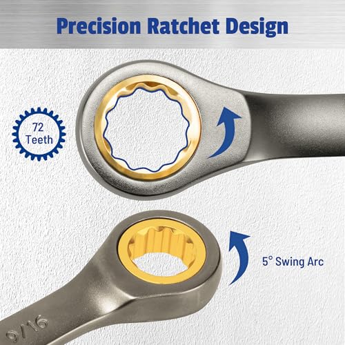 22-Piece Ratcheting Wrench Set, 72 Teeth, Metric 6-18 mm & SAE 1/4-3/4", Combination Wrench Sets with Organizer Box