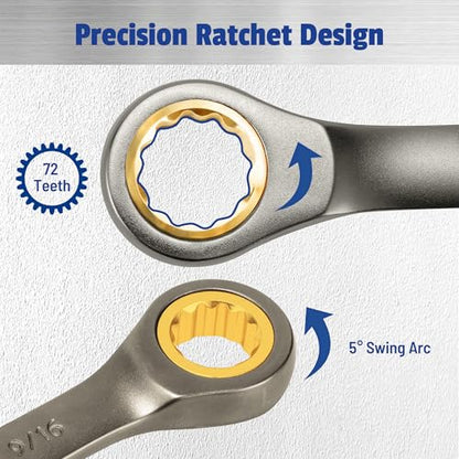 22-Piece Ratcheting Wrench Set, 72 Teeth, Metric 6-18 mm & SAE 1/4-3/4", Combination Wrench Sets with Organizer Box