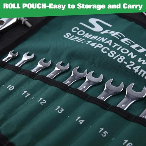 SPEEDWOX 14-Piece Essential Metric Combination Wrench Set Metric 8mm to 24mm 12 Point Combination Wrench Sets in Roll-up Pouch for General Household Garage Chrome Vanadium Steel Mirror Chrome Finish