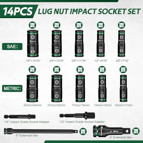 Lug Nut Impact Socket Set, 14Pcs 1/2" & 1/4" Metric & SAE Socket Set, CR-MO Steel, 20-IN-10 Deep Flip Socket Set, Thin Wall Wheel Protector Nut Socket with Extension Bar & Adapter - size: Flip 14PCS(SAE+Metric)