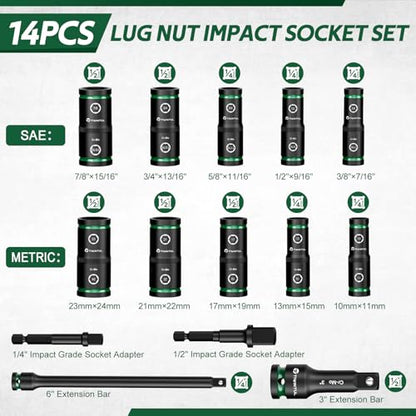 Lug Nut Impact Socket Set, 14Pcs 1/2" & 1/4" Metric & SAE Socket Set, CR-MO Steel, 20-IN-10 Deep Flip Socket Set, Thin Wall Wheel Protector Nut Socket with Extension Bar & Adapter - size: Flip 14PCS(SAE+Metric)