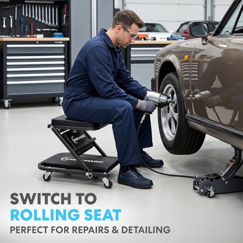 SIMPLI-Magic 2-in-1 Mechanic Creeper and Seat, Adjustable Rolling Automotive Creeper with Padded Cushion and Casters, Black