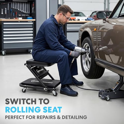 SIMPLI-Magic 2-in-1 Mechanic Creeper and Seat, Adjustable Rolling Automotive Creeper with Padded Cushion and Casters, Black