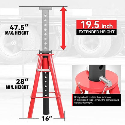 Auto Dynasty Universal Heavy Duty Steel Pin Type Jack Stand, 10 Ton (20000 lbs.) Capacity, Lifting Range 28" (Min) to 47.5" (Max), Black/Red