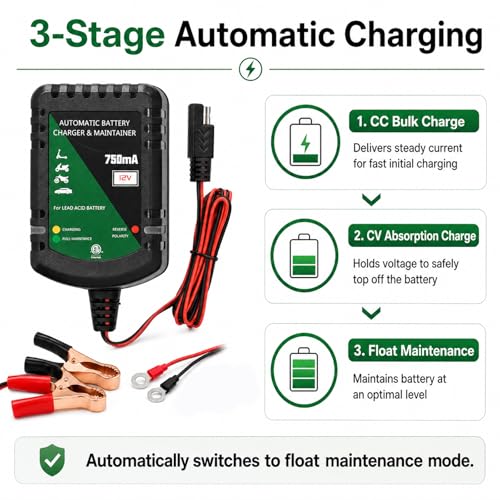 Unocho 12V Battery Charger 750mA Automatic Trickle and Float Maintainer for Lead-Acid Batteries, SAE Quick Disconnect with Clips and Ring Terminals for Motorcycle, Car, ATV, Boat, Lawn Mower