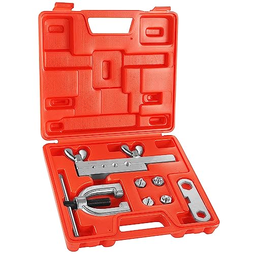 Flexzion DIN/ISO Bubble Flare Brake Line Flaring Tool Kit with 4.75 (CNF-3), 6 (CNF-4), 8, 10mm Adapters Dies Metric European Automotive Copper Steel Aluminum Fuel Hydraulic Tubing Fitting Set w/Case