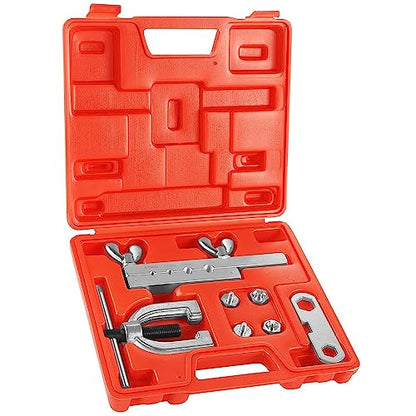 Flexzion DIN/ISO Bubble Flare Brake Line Flaring Tool Kit with 4.75 (CNF-3), 6 (CNF-4), 8, 10mm Adapters Dies Metric European Automotive Copper Steel Aluminum Fuel Hydraulic Tubing Fitting Set w/Case