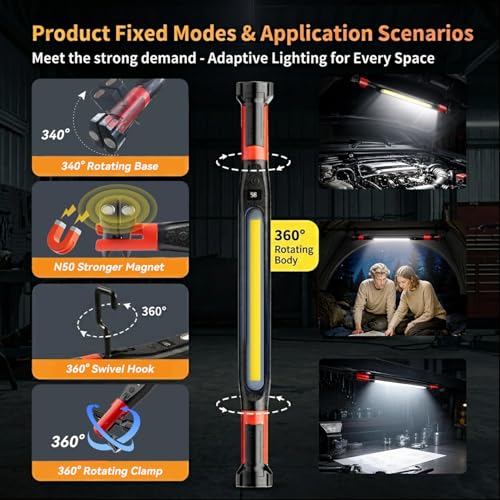 Magnetic Under Hood Work Light Bar, 3000LM Rechargeable LED Light Bar with 360° Rotating Clamps, Hooks and N50 Magnets, Waterproof Magnetic Hood Light for Camping, Emergency, Car Repair, Jobsite