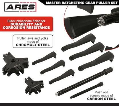 ARES 15095 – Master Ratcheting Gear Puller Set – Premium Chrome Moly Steel Gear Puller Yolk Set Includes 2-Ton and 5-Ton Units – Indexing Jaws Feature Convertible 2-Leg and 3-Leg Functionality - size: Master Ratcheting Gear Puller Set