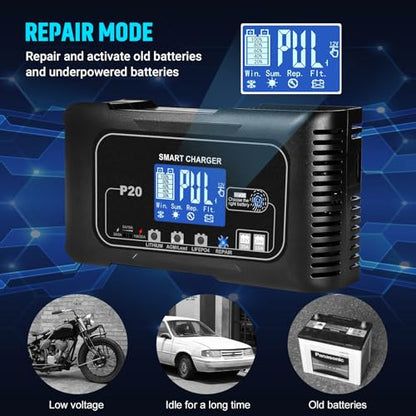 Car Battery Charger, 12V/24V 0-20A Lead-Acid, Lithium, LiFePo4 Smart Battery Charger, Trickle Charger, Fully Automatic Chargers and Maintainer for Car, Motorcycle, Lawn Mower